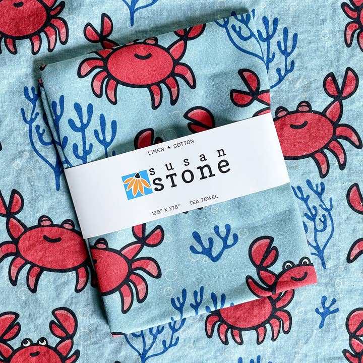 Linen + Cotton Tea Towel with Happy Crabs for wholesale by Susan Stone Design