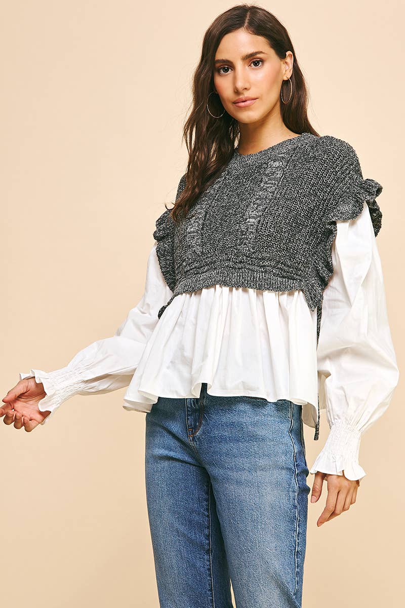 PINCH - Wholesale Blouse - Women's - WOVEN KNIT COMBO BLOUSE - 4974T (GREY)4