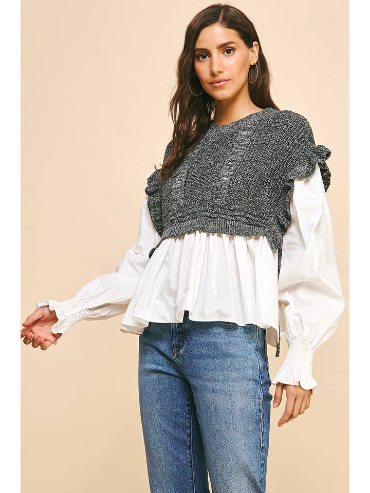 PINCH - Wholesale Blouse - Women's - WOVEN KNIT COMBO BLOUSE - 4974T3