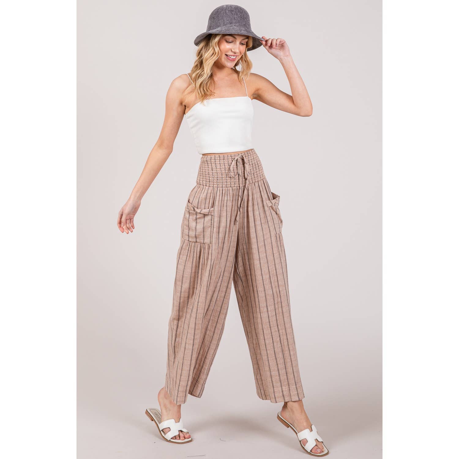Sage + Fig - Wholesale Pants - Women's - STRIPED SMOCKED BOHO COTTON GAUZE PANTS (SP7105-A)9