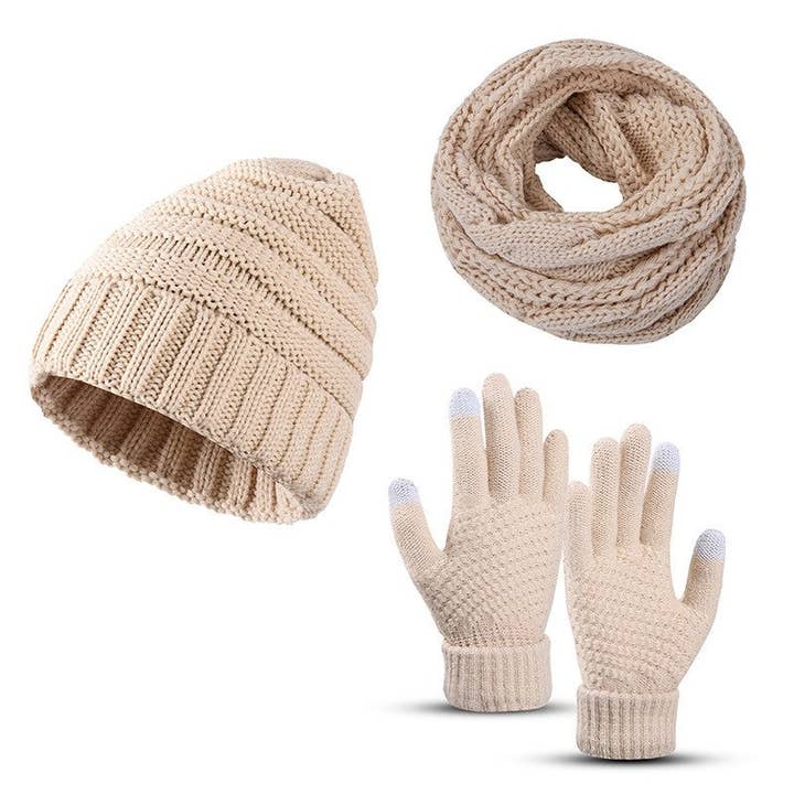 Sheer Trend - Wholesale Winter accessory set – women's - Solid Color Knitted Hat And Gloves And Scarf Three Pieces Set2