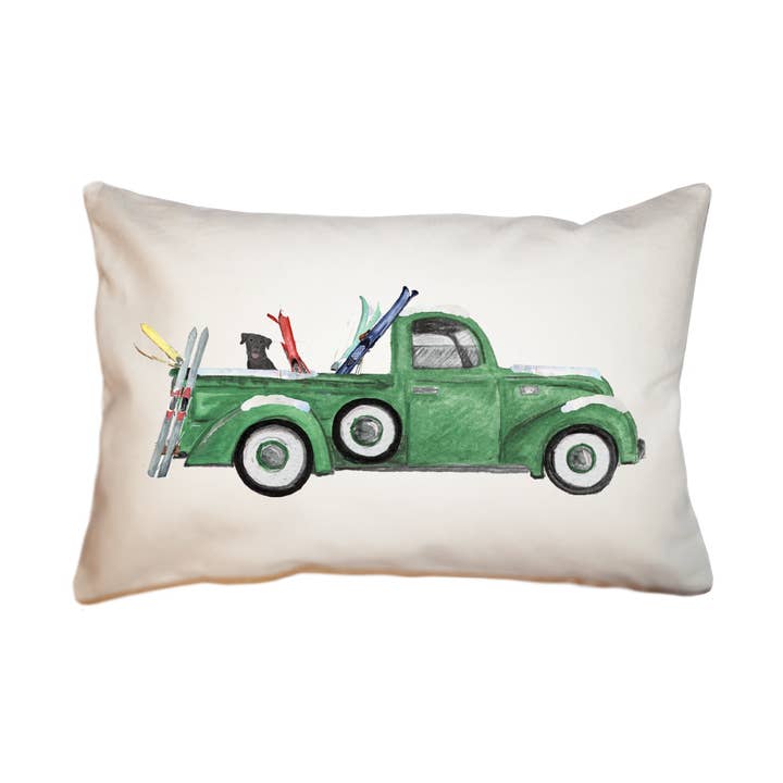 groene truck met ski's en groot rechthoekig kussen in het lab voor wholesale door Tina Labadini Designs