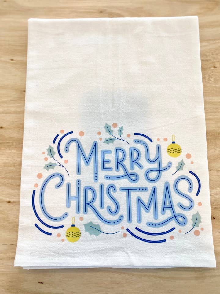 Torchon bleu Merry Christmas Flour Sack pour la vente par Lenny Lane