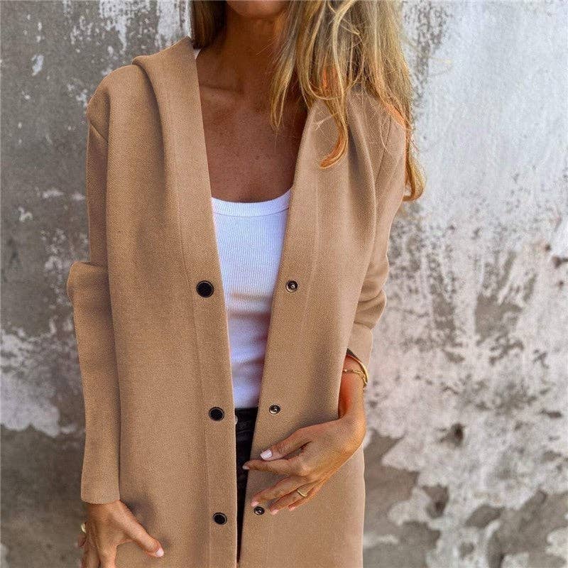 UZ Wholesale Store – Blusão - Mulher por atacado – Casaco de tricô casual com capuz e abotoamento simples em cor sólida2