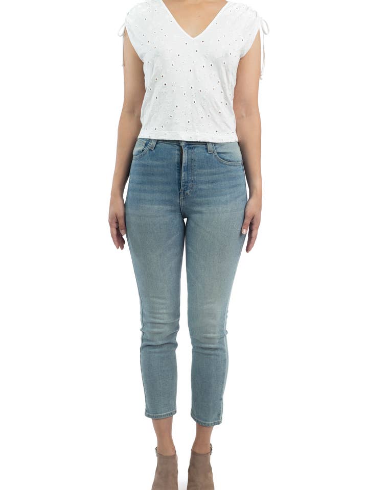 Casual V-Neck Eyelet Knit Top for Women 1220K-AI for wholesale by BTFLLIFE LLC