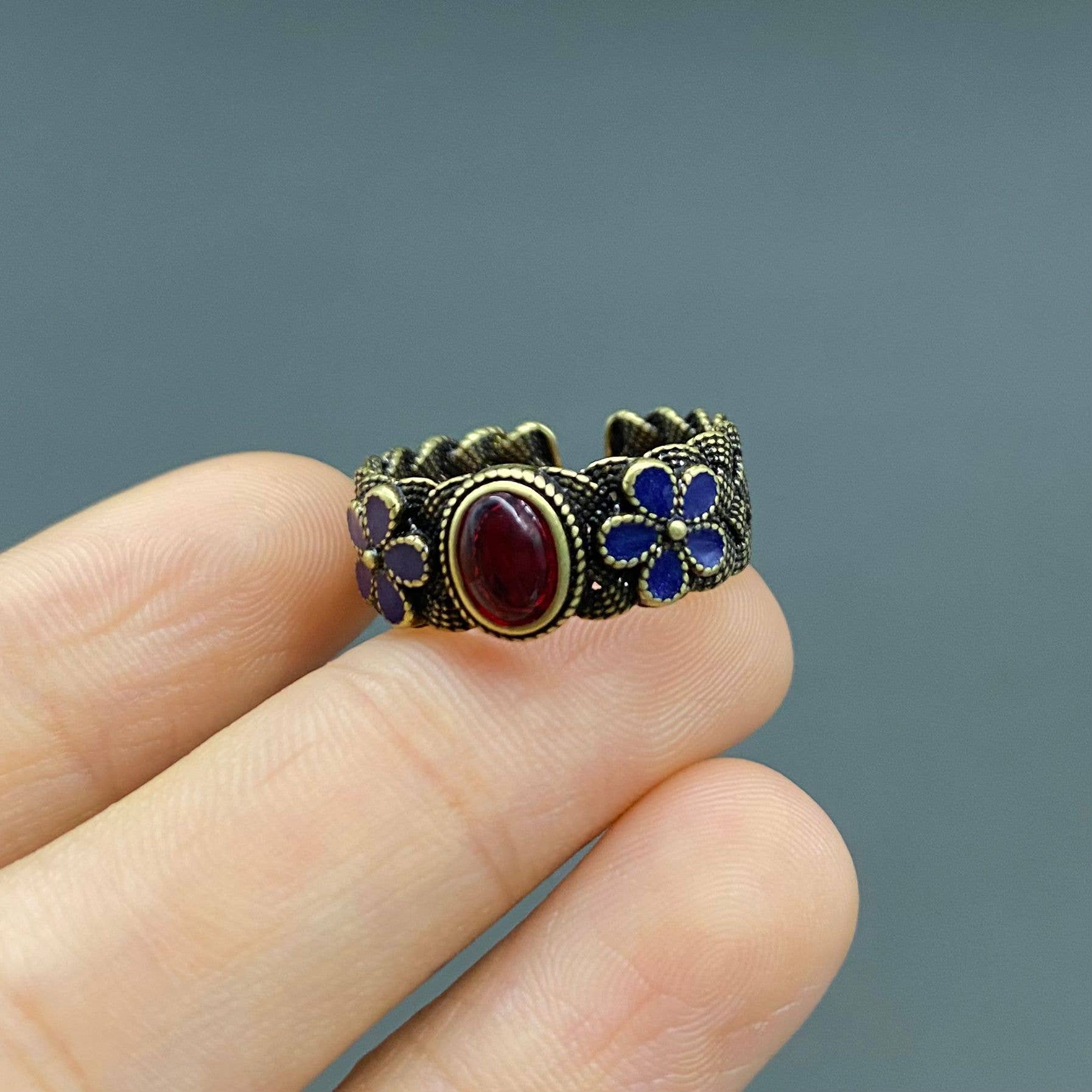 Mio Queena - Wholesale Cocktail/Statement Ring - Vintage Red Agate Enamel Flower Bronze Adjustable Ring1