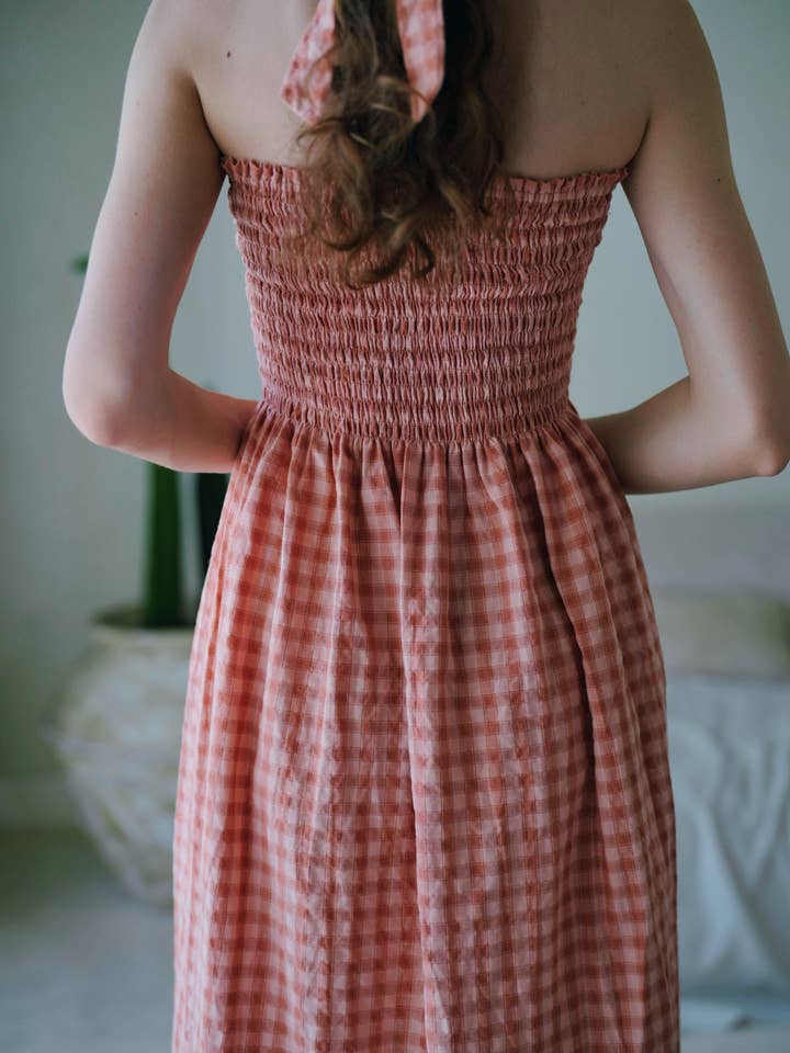 Pink Haley - Wholesale Dress - Women's - Ava Strapless Crinkle Gingham Dress in Persimmon