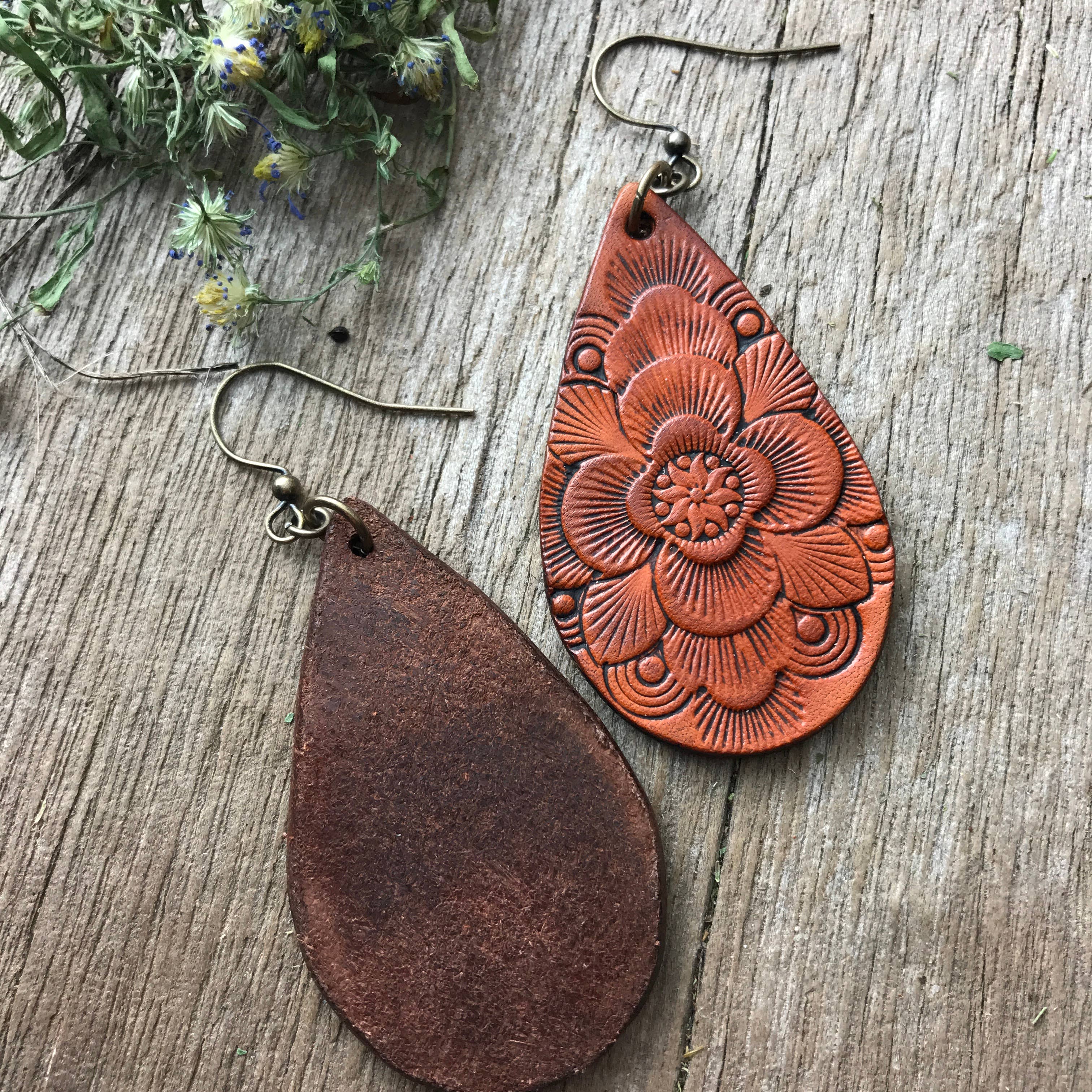 Red Pony Leather Goods - Wholesale Dangle Earrings - Boho Western Mandala Leather Teardrop Earrings2