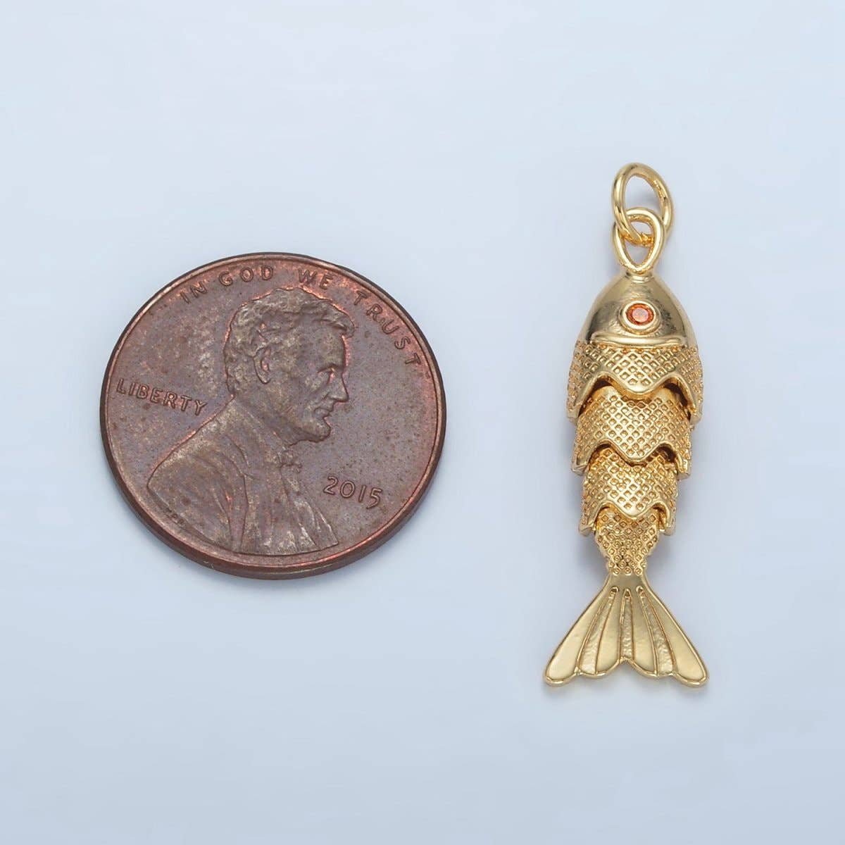 Aim Eternal - Wholesale Individual Charm/Pendant - 24K Gold Filled 30mm Orange CZ Multidimensional Textured Fish Sea Animal Charm | E0491