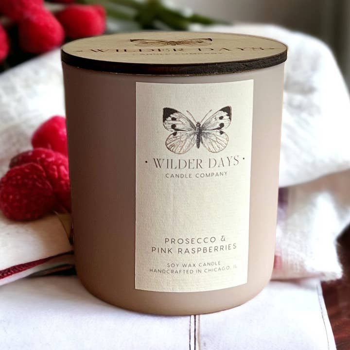 Prosecco & Pink Raspberries X Wood Wick Soy Candle for wholesale by Wilder Days Candle Company