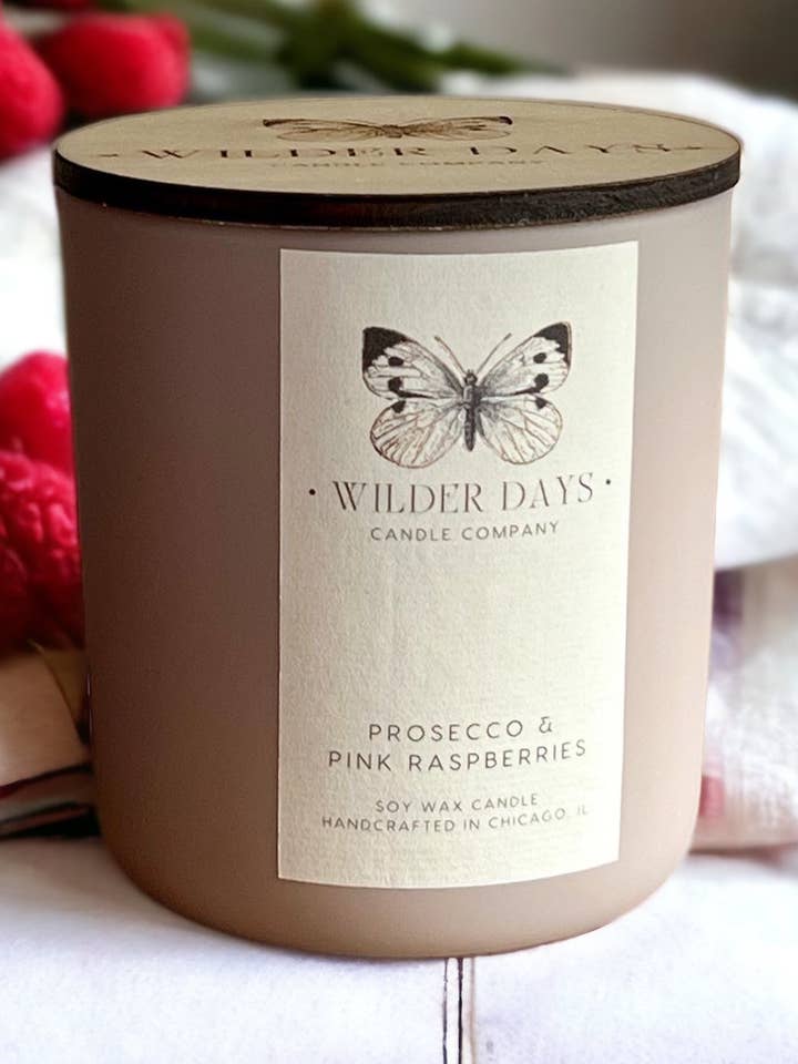 Prosecco & Pink Raspberries | Wood Wick Soy Candle for wholesale by Wilder Days Candle Company