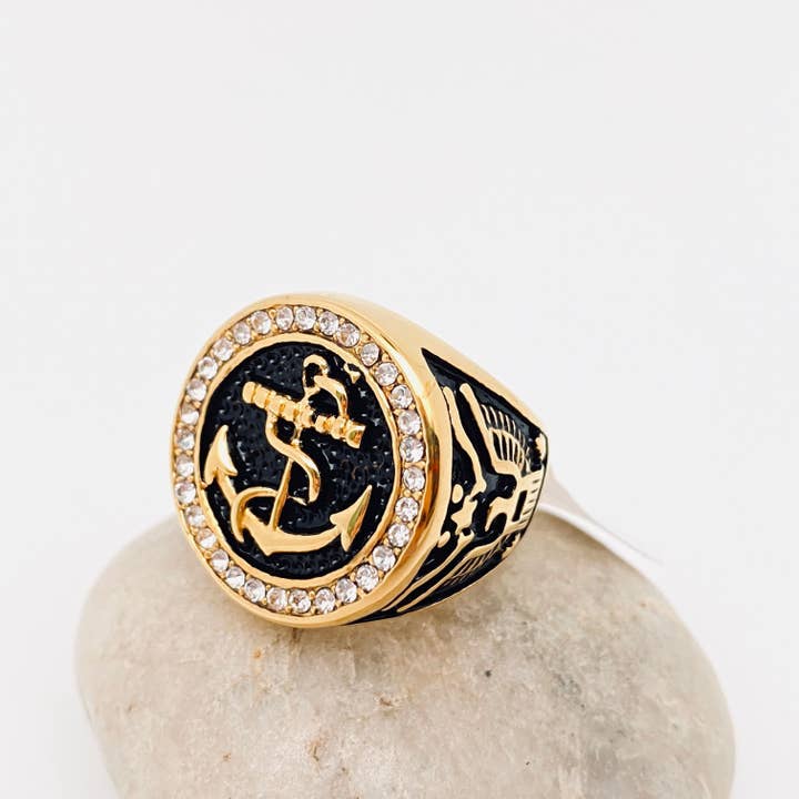 Mio Queena - Wholesale Jewelry - Men's - Men's Rhinestone Anchor Titanium Steel Ring Men's Jewelry