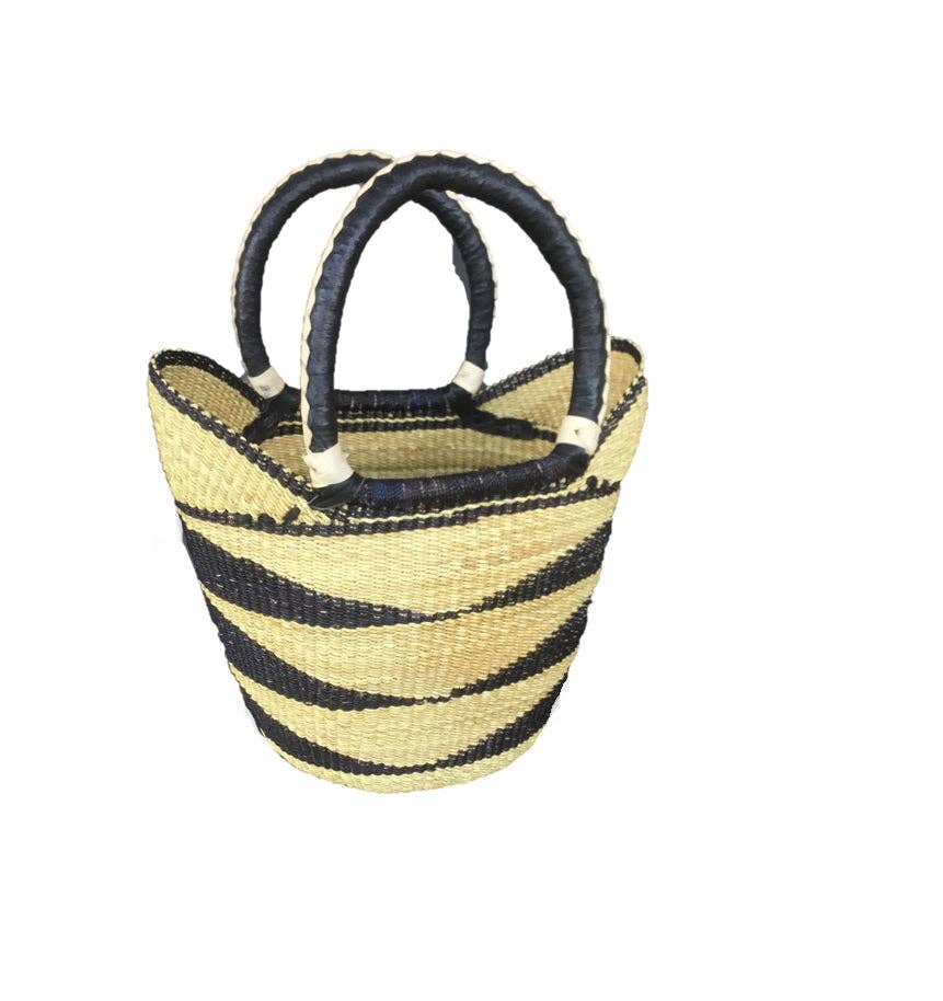The African Home Goods - Wholesale Beach Bag - Medium U-Shopper Ghana Beach Tote bag/Bolga Basket 13-14" Across - Black & Tan0