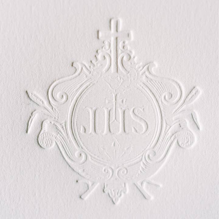 Pietà Paperie - Venta al por mayor Conjunto de papelería y tarjetas - Juego de papelería tipográfica católica IHS Jesus Crest, paquete de 5