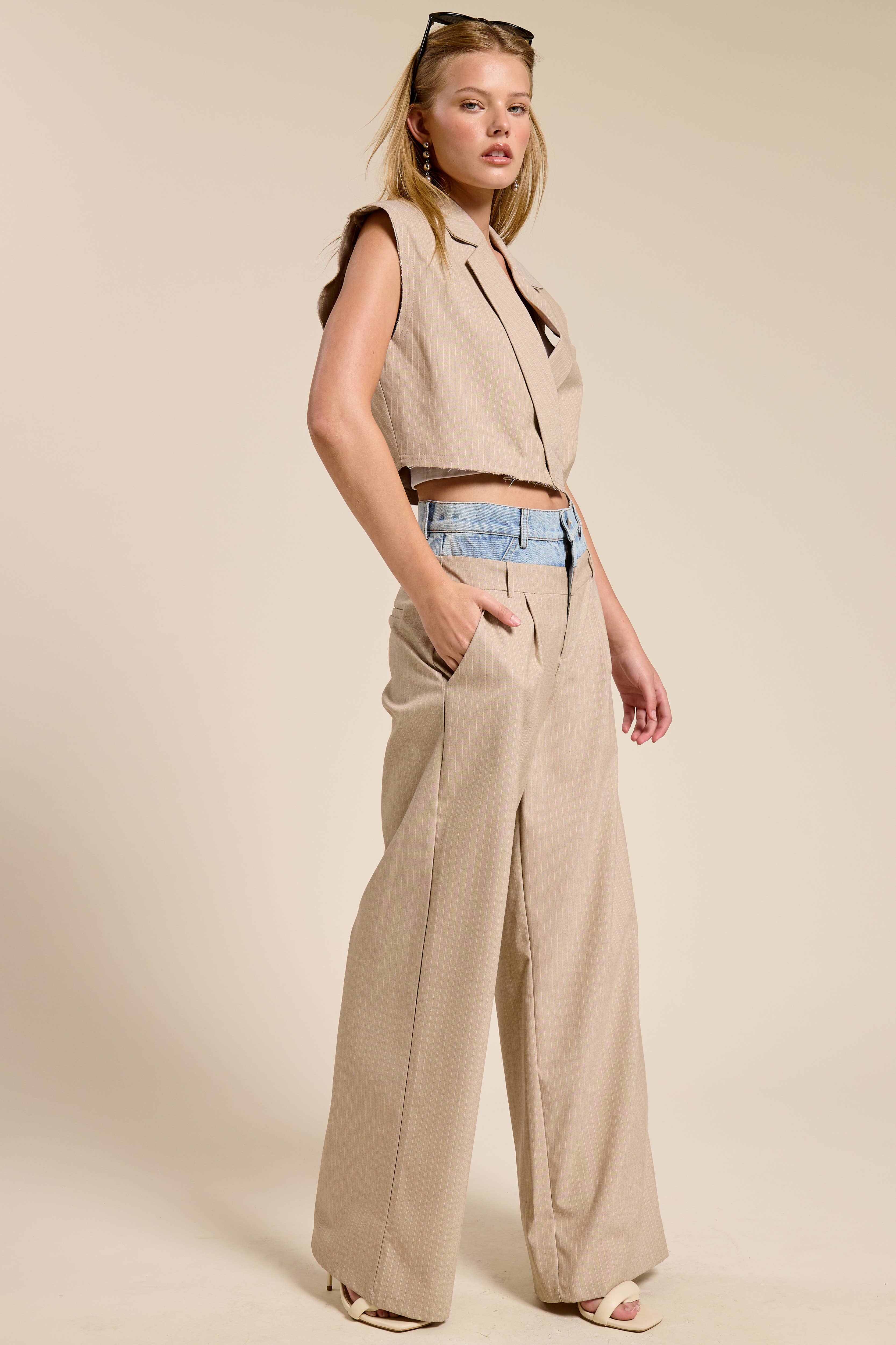 BEIGE Denim Waistband Contrast Stripe Wide Leg Trousers MB5057  for wholesale on Faire3