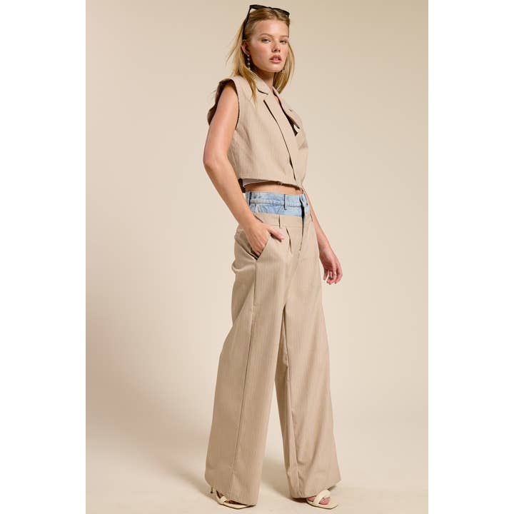 BEIGE Denim Waistband Contrast Stripe Wide Leg Trousers MB5057 for wholesale on Faire3