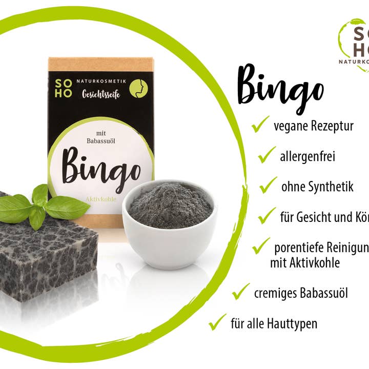 Soho Naturkosmetik - Vendita all'ingrosso Detergenti per il viso - Sapone viso | BINGO | carbone attivo e olio di babassu1
