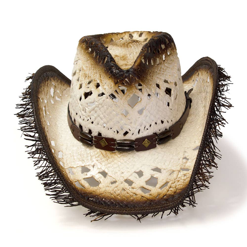 Western Express - Vendita all'ingrosso Cappello da cowboy - Donna - Cappello bianco stile western in paglia con parte frontale pizzicata e bordo sfrangiato color beige.3