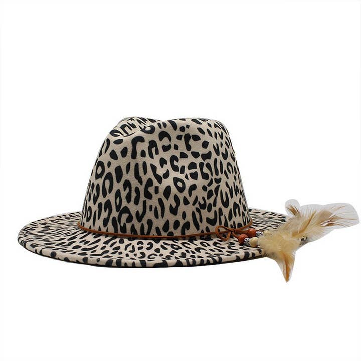 DOUBLJU - Wholesale Fedora - Unisex - LEOPARD PRINT FLAT BRIM WIDE BRIM FEATHER JAZZ HAT_CWAH27334