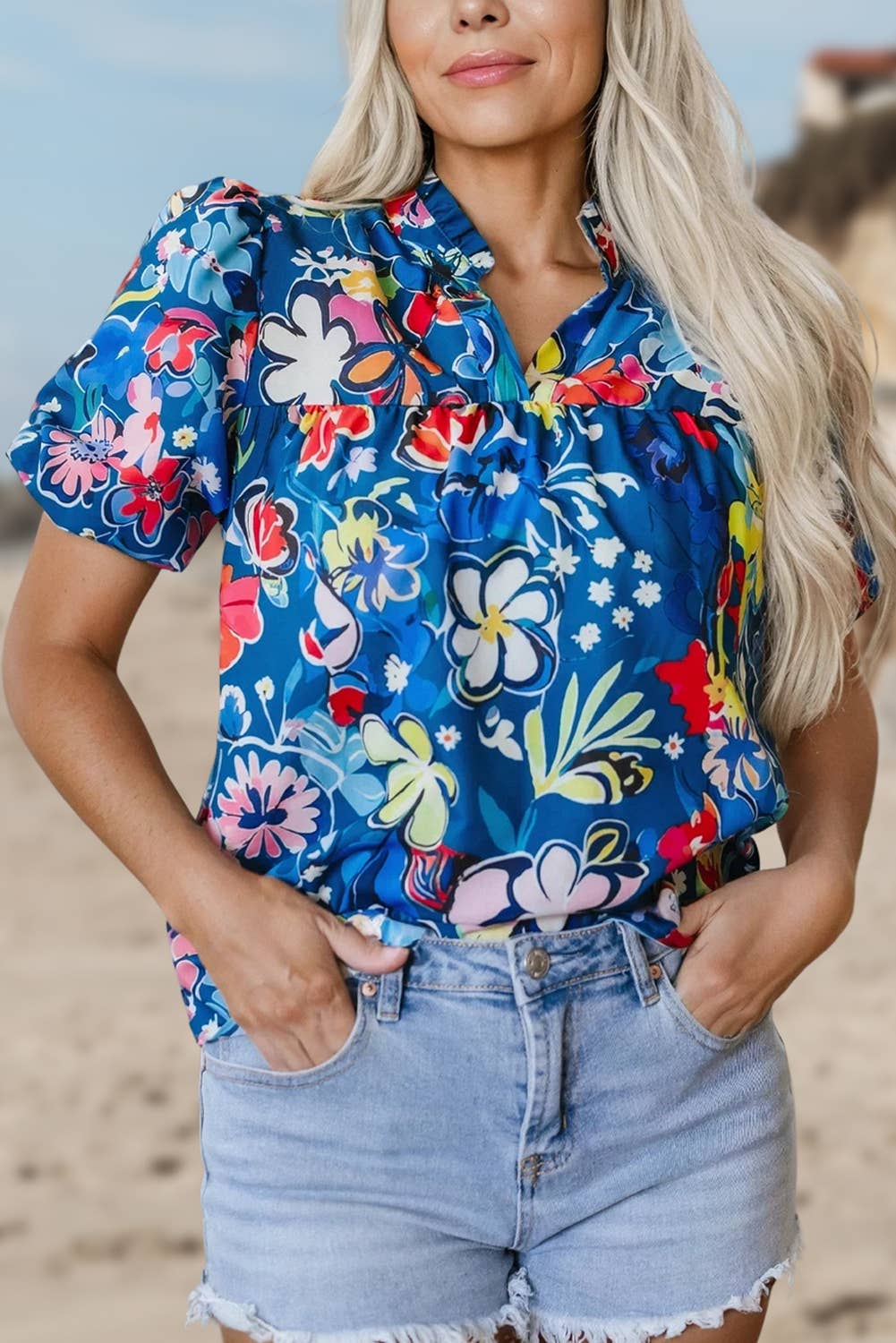 Comme indiqué Blouse ample à manches courtes bouffantes avec col imprimé fleuri | S-XL en vente sur Faire5