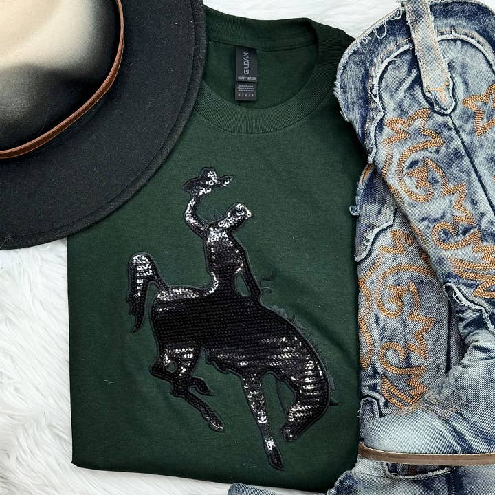 Rodeo Cowboy and Horse Sequin Patch Forest Green Everyday Tee for wholesale by Trendy Tee Co.