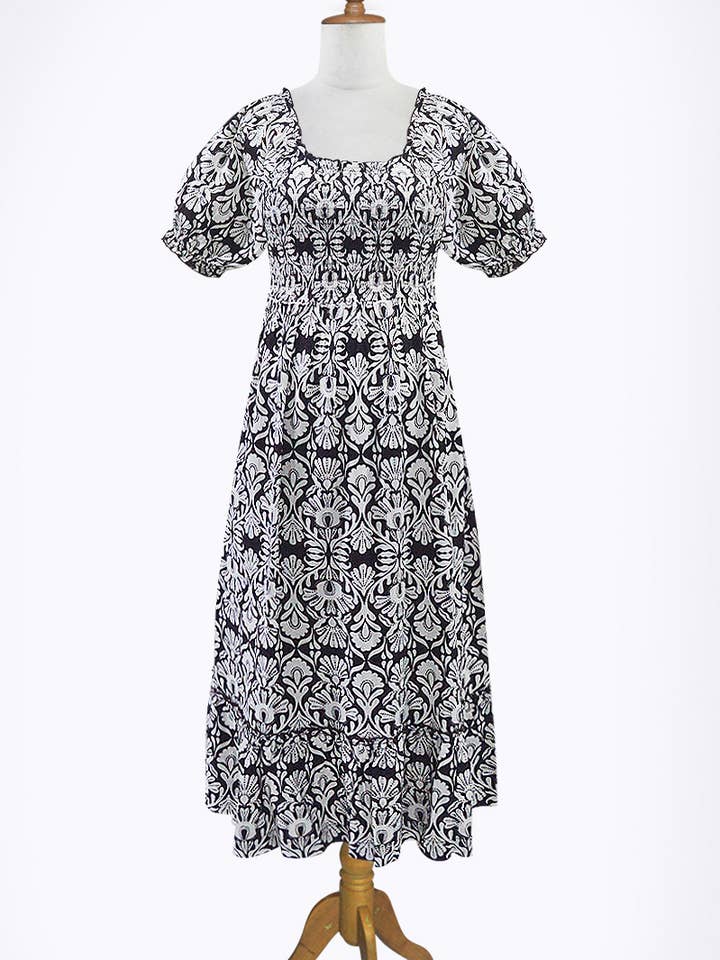 Vestido Midi de Verão com Manga Curta Bufante e Topo Franzido por atacado de Escapada Living