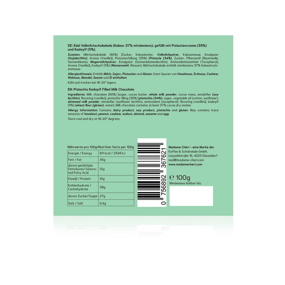 Kaffee und Schokolade GmbH – wholesale Baking chocolate – Dubai Style Chocolate (100 g)5