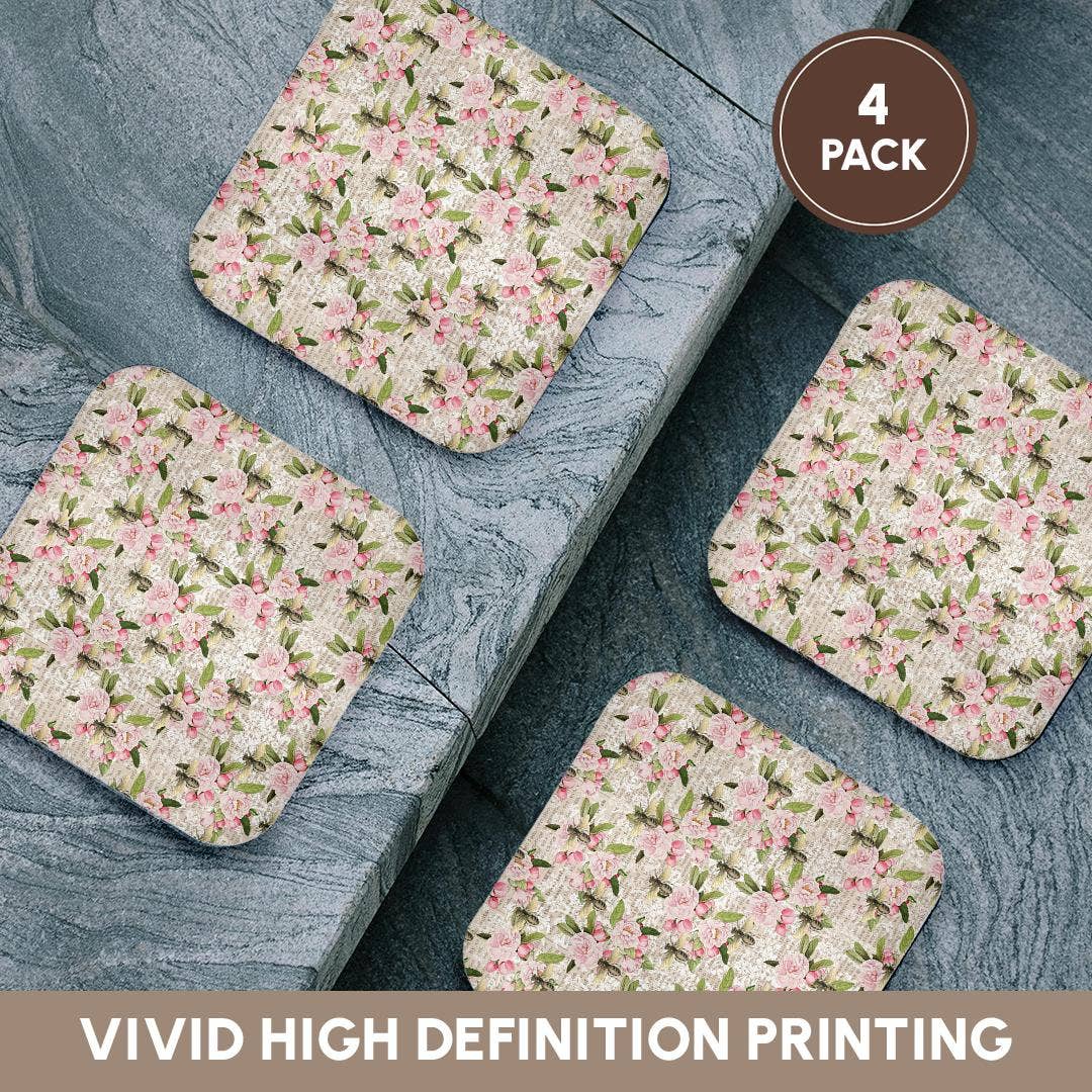 3dRose – Großhandel Untersetzer – 3dRose, Hübsches rosa Blumenmuster mit Bienen-Collage, Untersetzer12