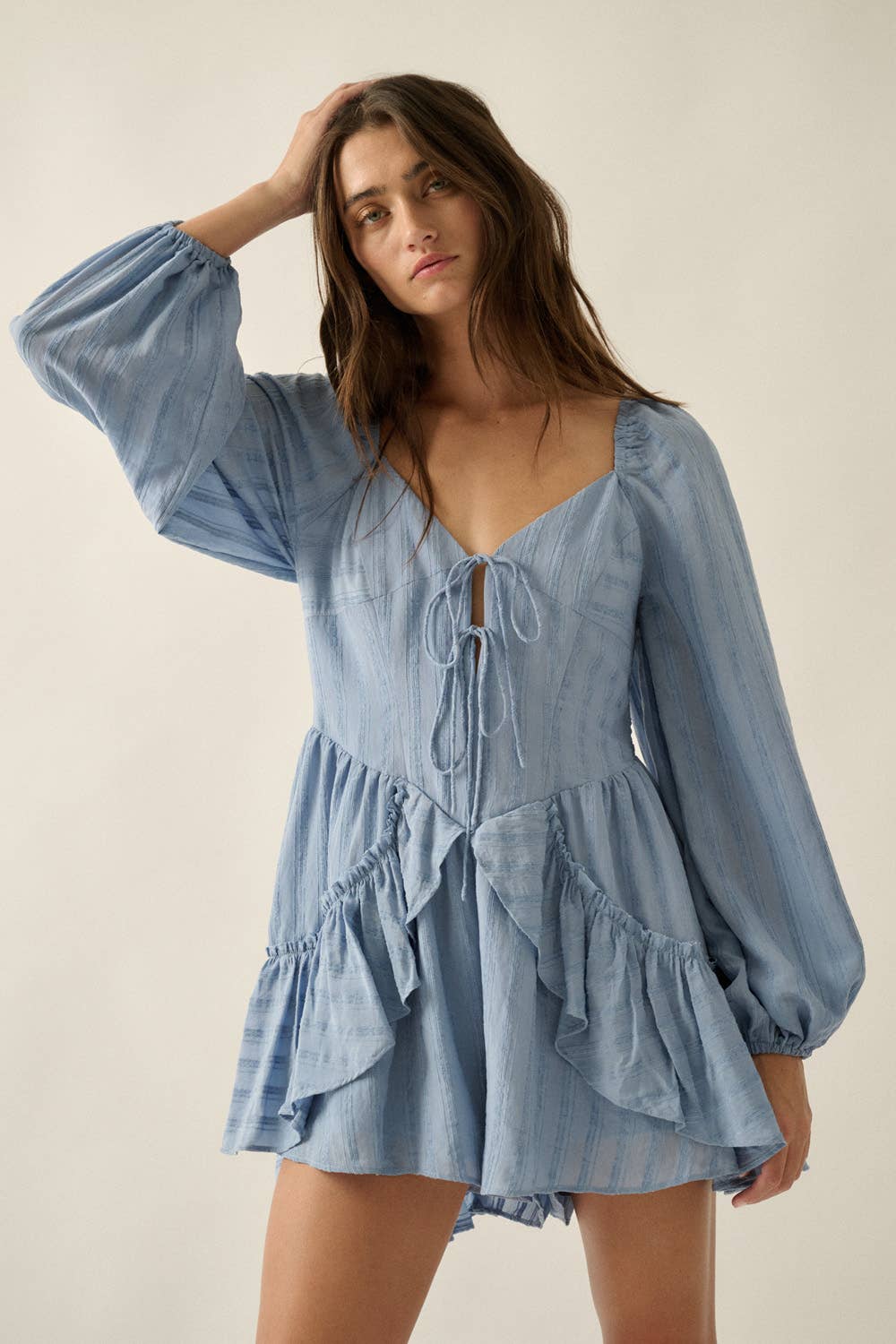 Promesa USA - Wholesale Romper - Women's - Textured Tonal-Stripe Ruffled Tie-Front Romper15