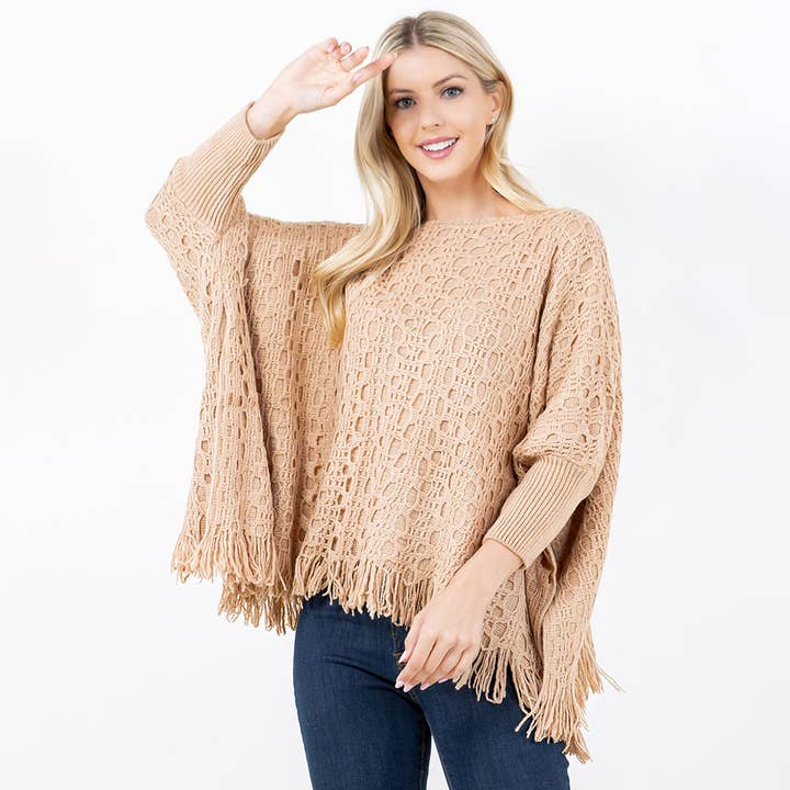 Sensibling Corp. - Wholesale Poncho - Women's - Boho Fringe Hem Crochet Knit Poncho