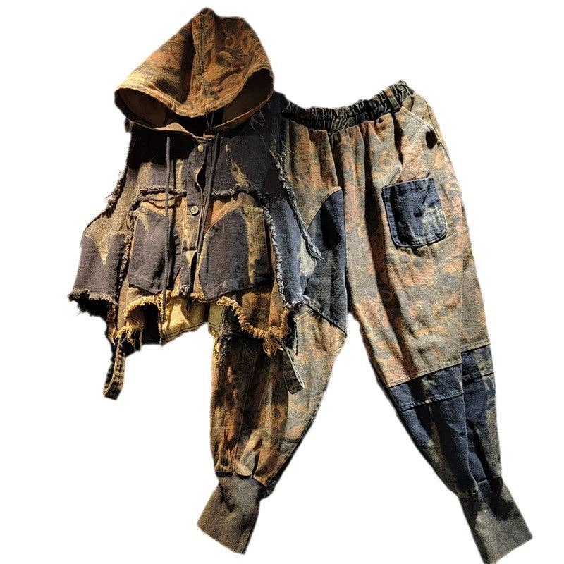 Sanyao Fashion – wholesale Set med topp och byxa – Dam – M229 Kantig Lappverk Denimväst med Huva & Harembyxor Set1