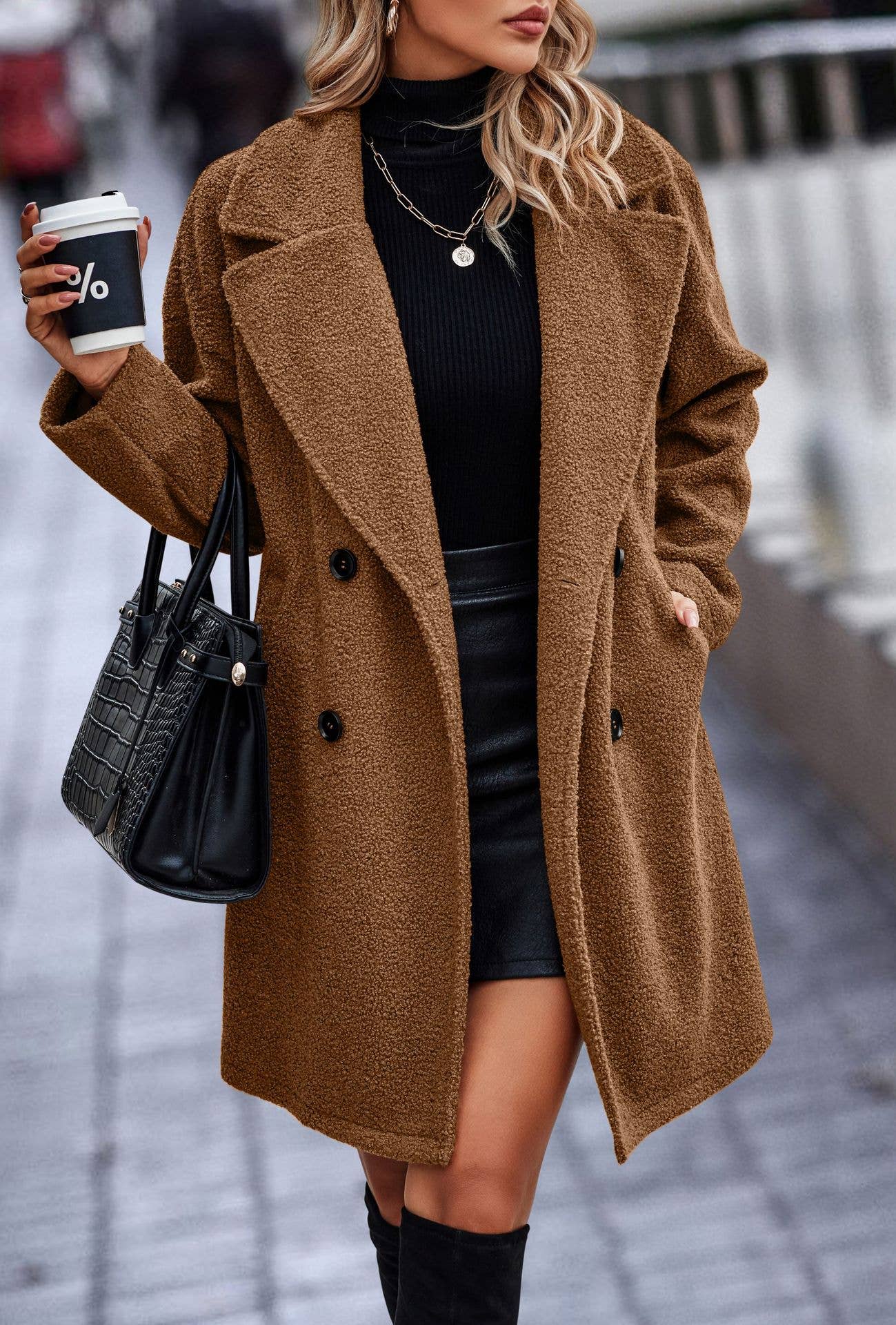 eLook - Vente Manteau – femme - SZ1-JK7207 Manteau mi-long Sherpa à double boutonnage6