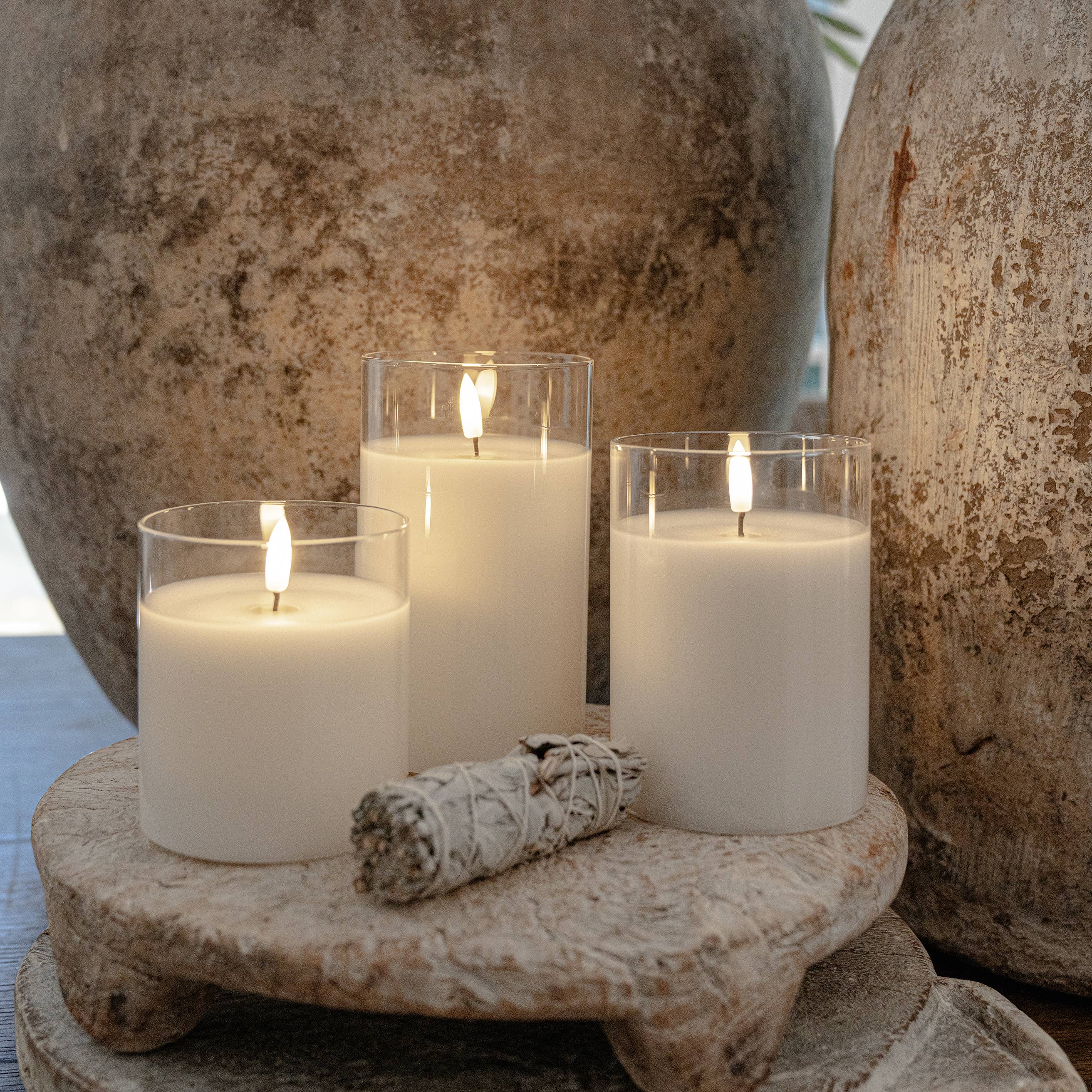 Sandstone & Sage - Wholesale Jar/filled candle - Flameless LED Hurricane Glass Candles - White and Amber7