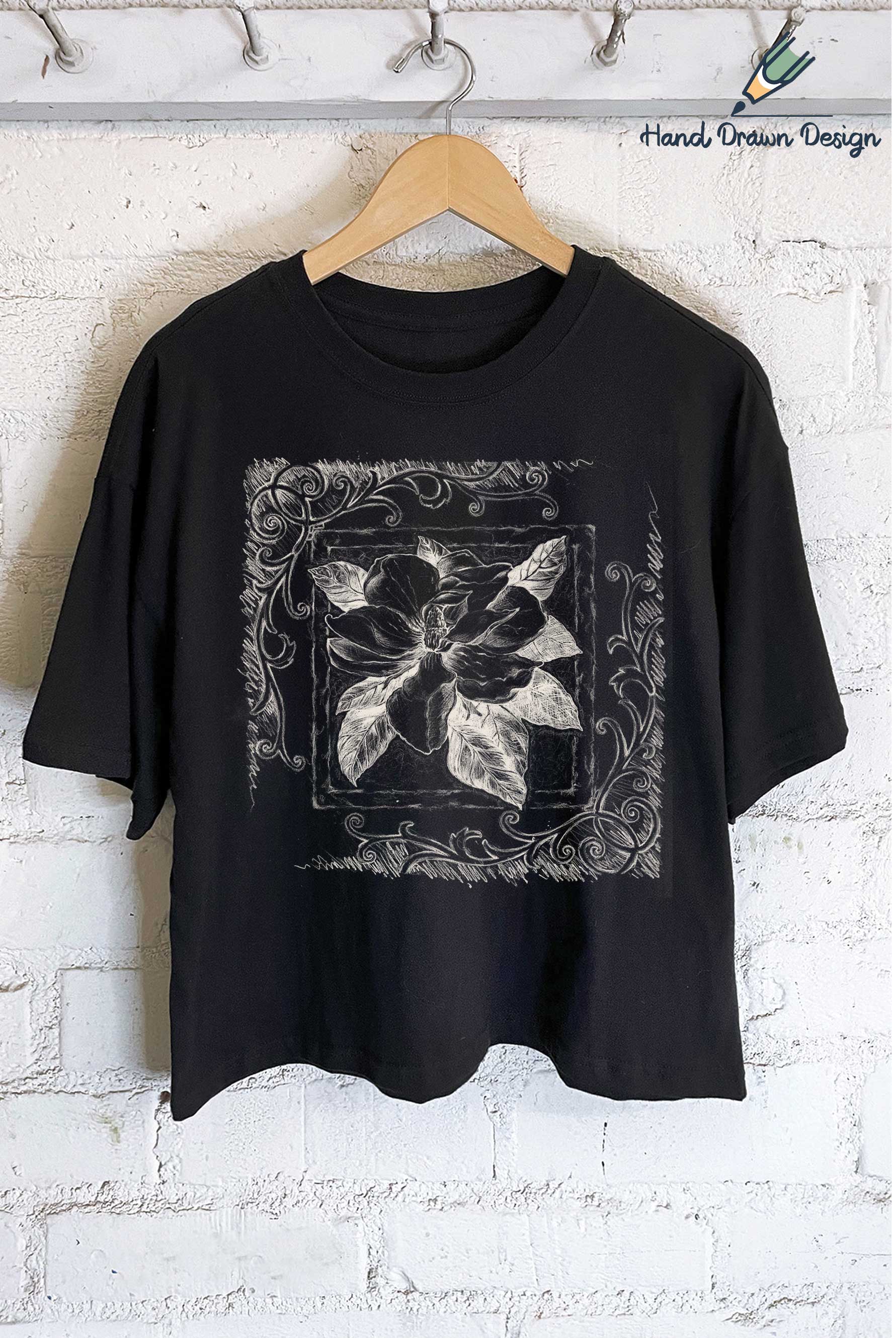 Rustee Clothing – Engroshandel T-shirt med print - Dame – MAGNOLIA BLOMST HÅNDTEGNET GRAFISK LANG AFGRØDE TOP6