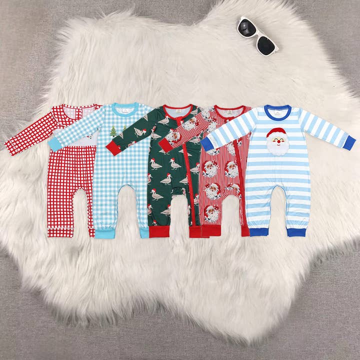 Sibling Baby Infant Boys Christmas Ducks Santa Embroidery Zip Rompers for wholesale by Aier Wholesale