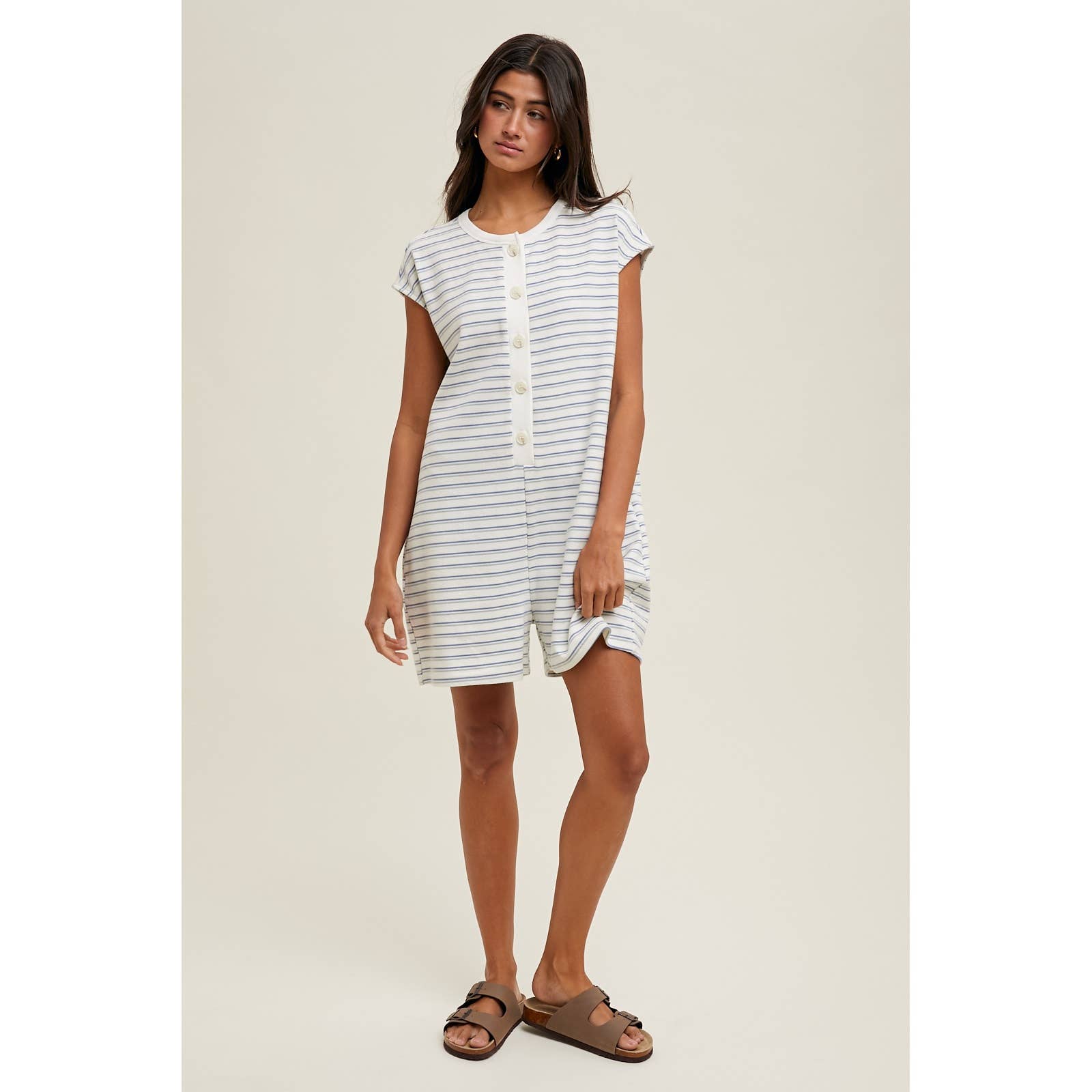 BLUE COMBO STRIPED KNIT ROMPER / WL25-10656 for wholesale on Faire1