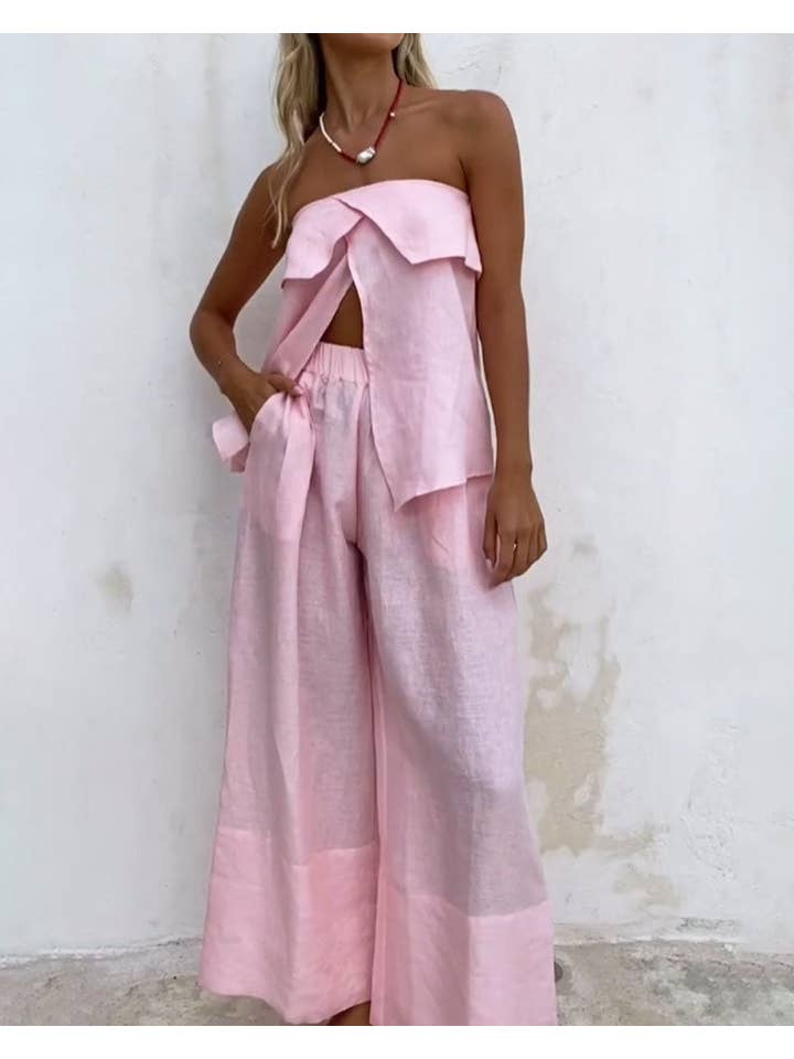 Chicto - Wholesale Top & Pant Set (NOT Loungewear) - Women's - Casual Solid Color Strapless Split Top & Pants Two-Piece Set