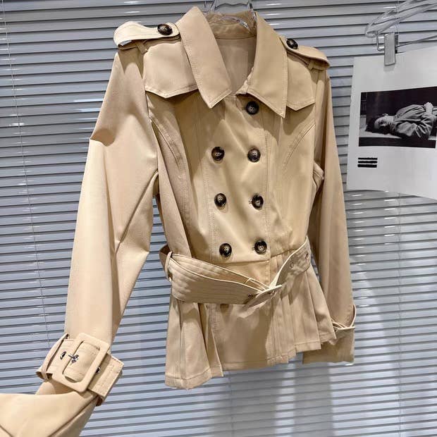 Khaki SET176Y Retro Belted Windbreaker & Mini Skirt Autumn Set for wholesale on Faire5