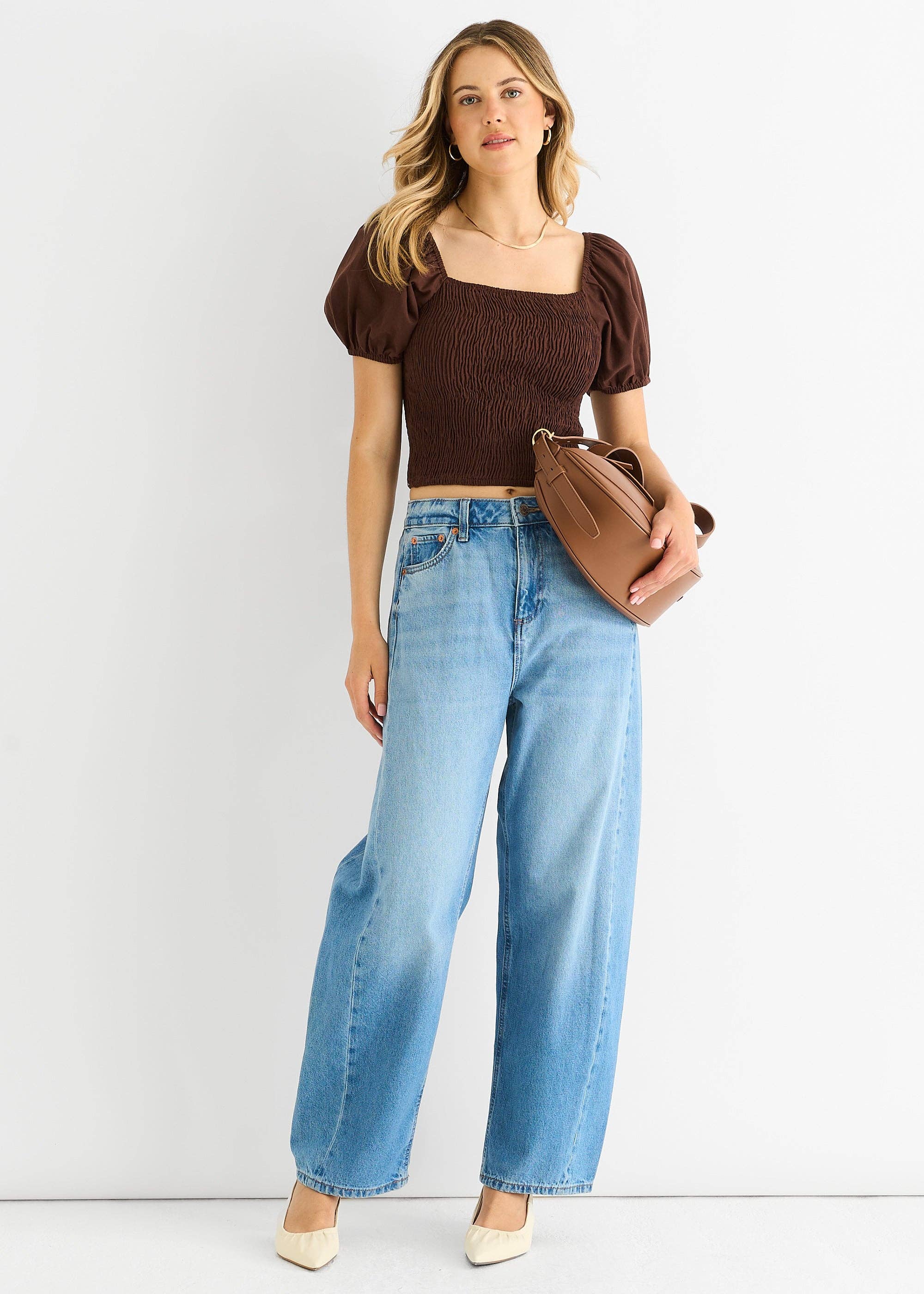 GINI LONDON - Wholesale Blouse - Women's - Chocolate Puff Sleeve Shirred Cotton Top1