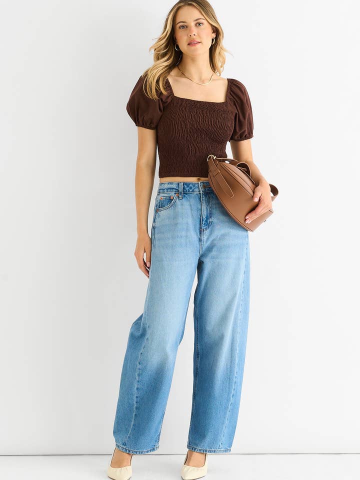 GINI LONDON - Wholesale Blouse - Women's - Chocolate Puff Sleeve Shirred Cotton Top1