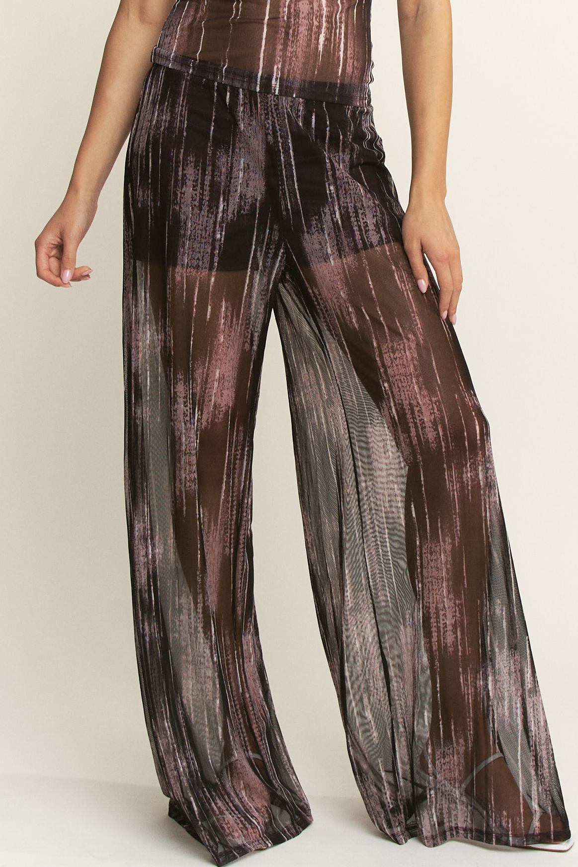 YNEZ - Wholesale Pants - Women's - Vibrant Stripe Print Sheer Wide Leg Cocktail Going Out Pant13