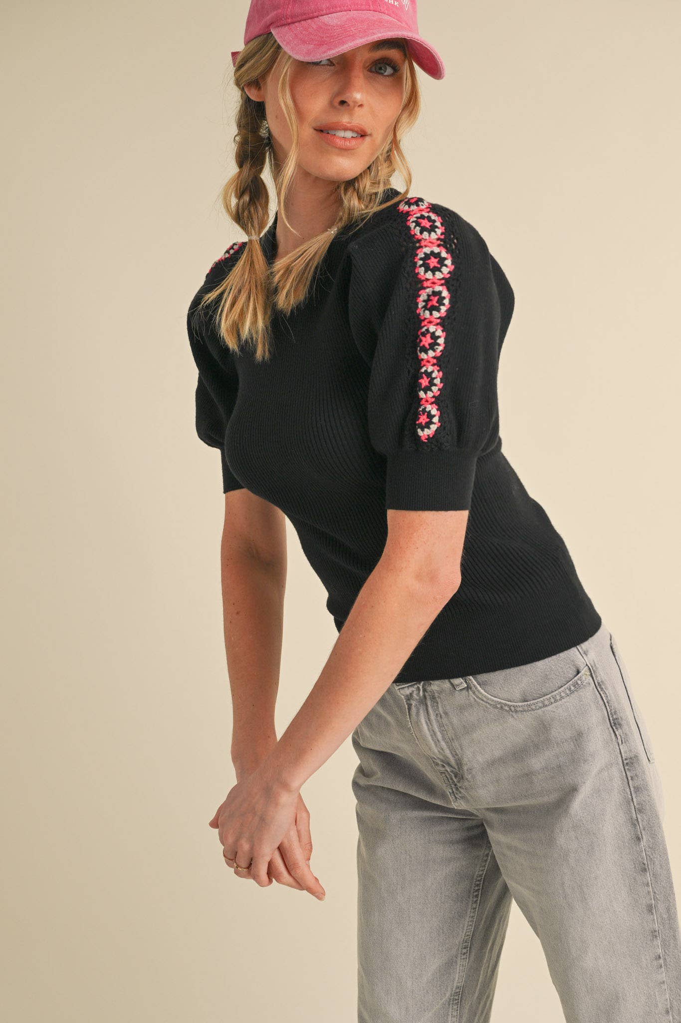 &MERCI - Wholesale Knit Top - Women's - HAND-MADE CROCHET PUFF SLEEVE SWEATER MSW1056720