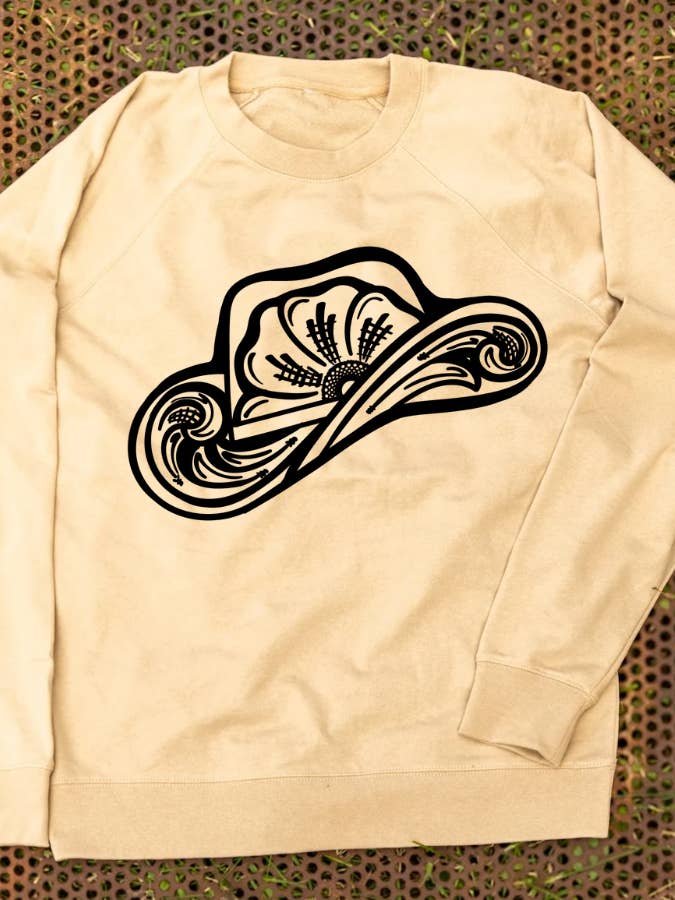 Tooled Cowboy Hat Lightweight Crewneck for wholesale by The Rodeo Rose