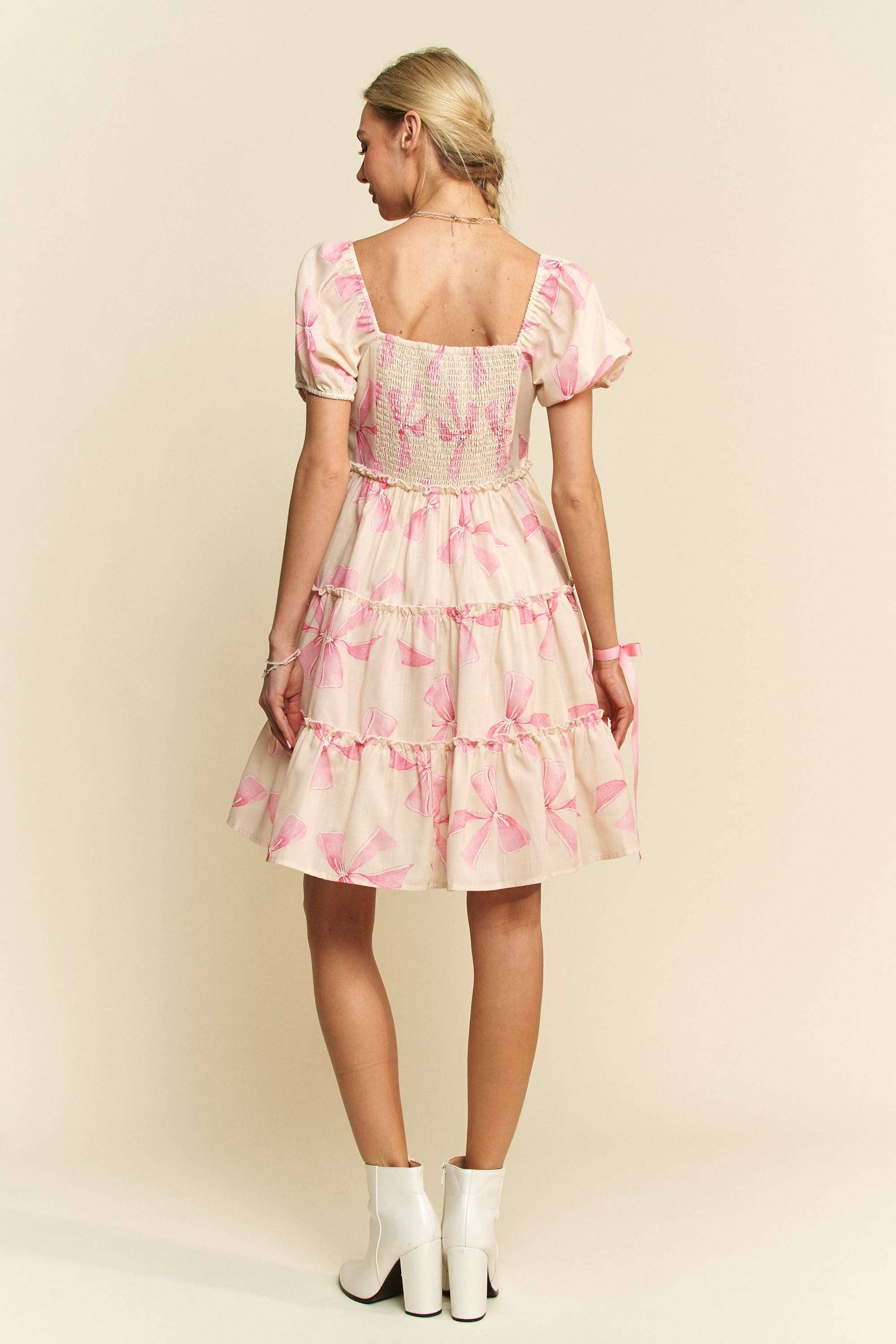 Davi & Dani - Wholesale Dress - Women's - BOW PRINTED PUFF SMOCKING BACK TIERED DRESS19