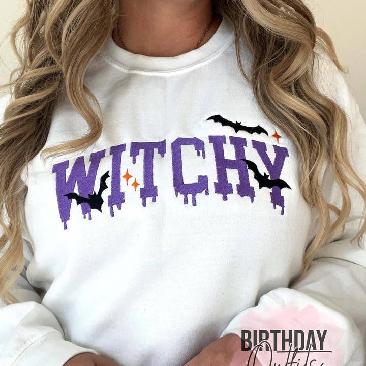 Witchy Embroidered sweatshirt, Witchy Embroidered crew, Spooky, Ghost, embroidered halloween shirt, horror embroidery for wholesale by BIRTHDAY OUTFITS
