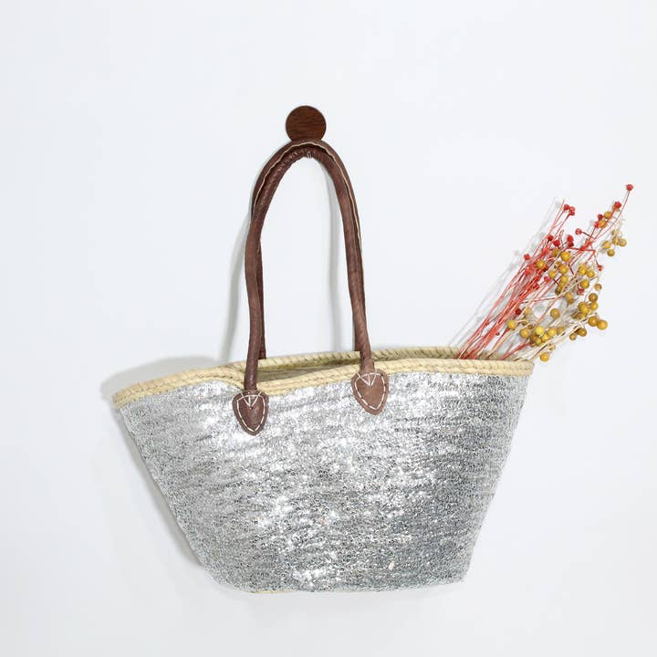 Melecraft – wholesale Beach bag – Silver Sequins straw bag, french market basket