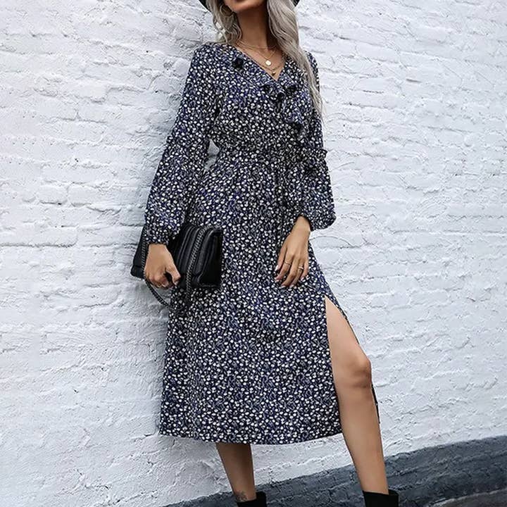 V NECK LONG SLEEVED FLORAL DRESS_CWDSD2278 for wholesale by Lily Clothing