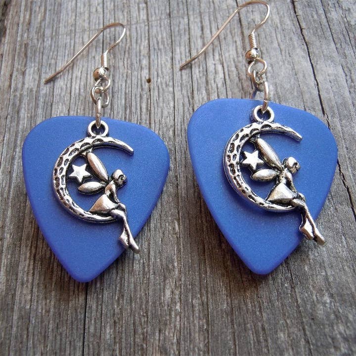 Simply Raevyn - Wholesale Dangle Earrings - Fairy on the Half Moon Charm Guitar Pick Earrings18