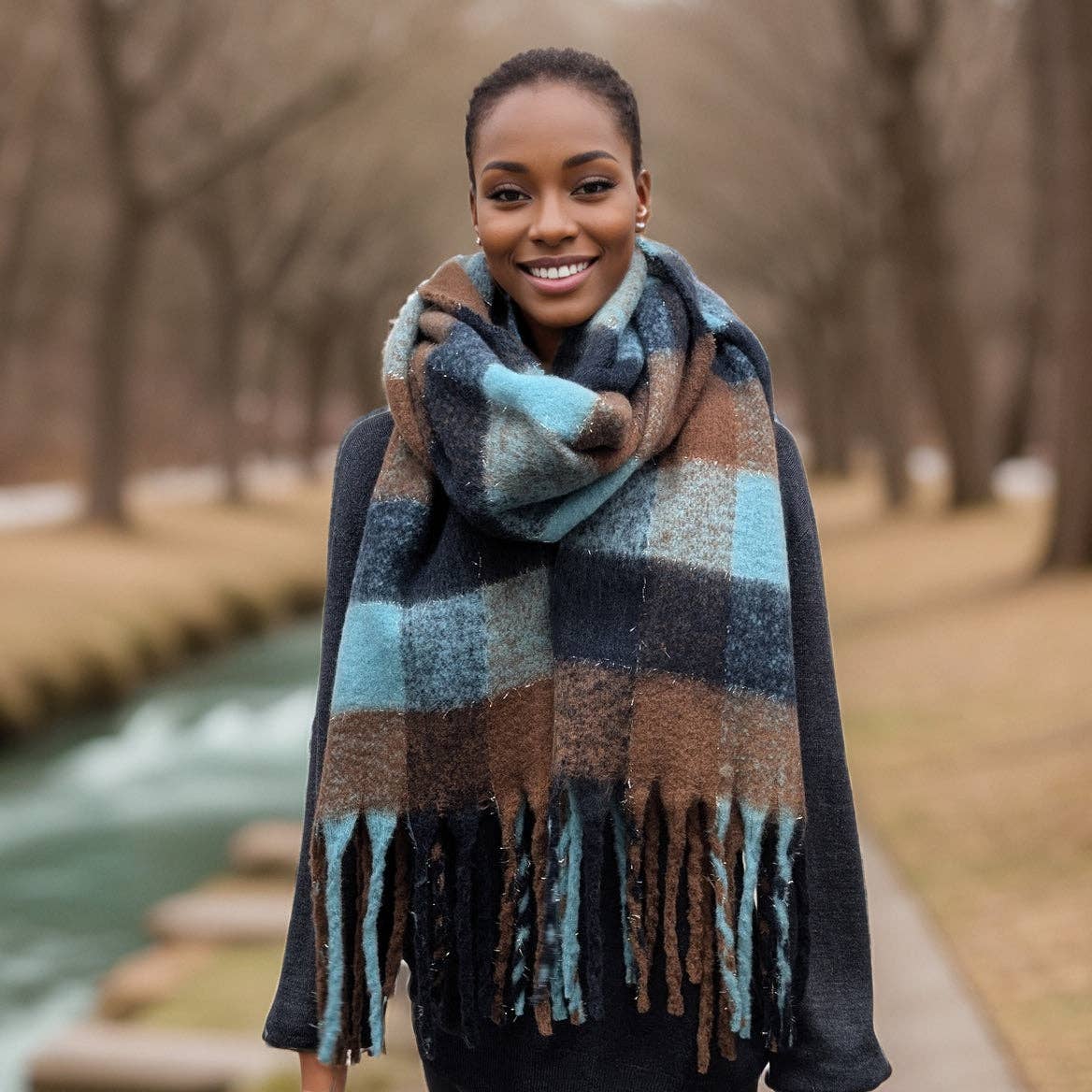 Black Ginger – Cachecol - Mulher por atacado – Agung - Cachecol de Caixas Super Grossas (45x180cm) - Chocolate/Azul0