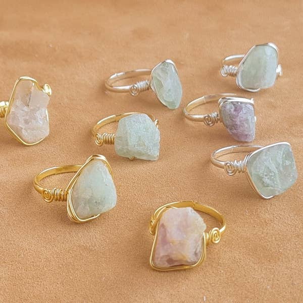 Handcrafted Natural FLUORiTE Stone Ring Collection – Gold- Mat Silver-Polish Silver Plated Copper for wholesale by Shemo